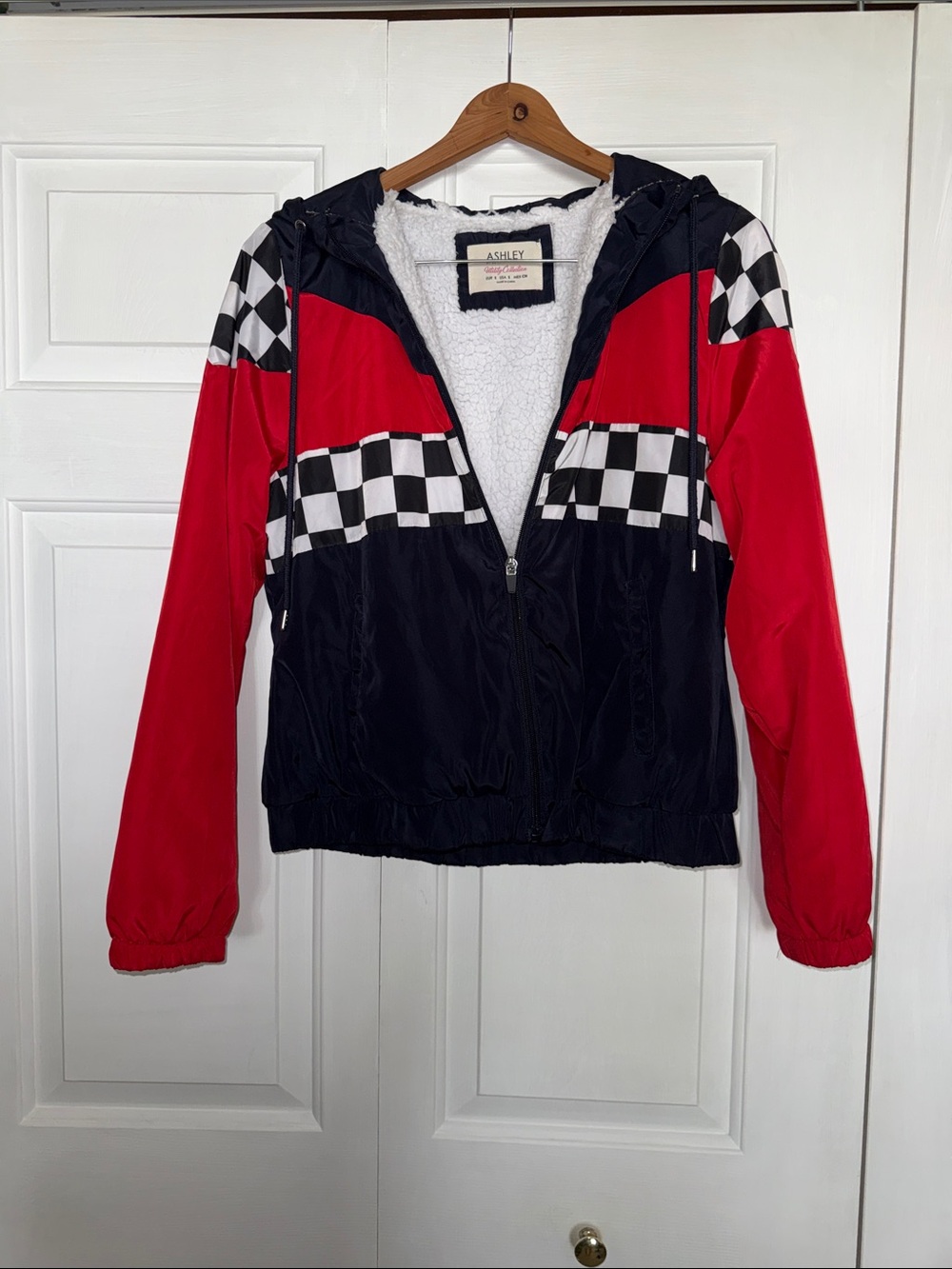 Ashley By 26 International Red & Black Checkered Hooded Racing-Style Jacket